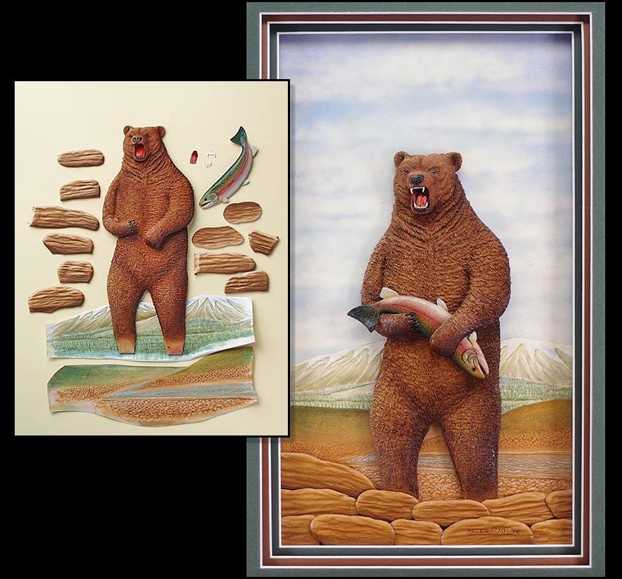 A carved and coloured leather picture of a grizzly bear standing in a river holding a salmon, shown beside the unassembled pieces it was built from.