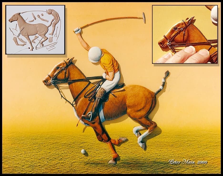 A leather carving of a polo player at full gallop, with two inset photographs showing the early rough stage and the finished horse’s head held between two fingers.