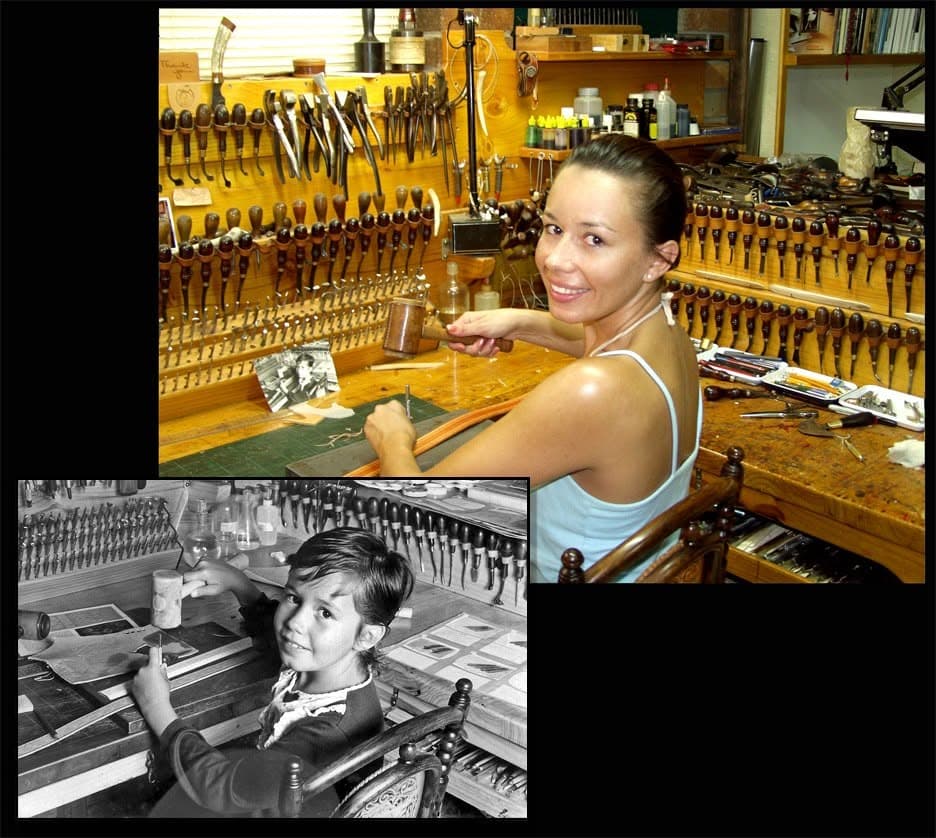 Two photographs of Peter’s daughter Pietra at his workbench, hundreds of stamping tools racked behind her: as a small child in black and white, and grown up in colour, mallet raised.