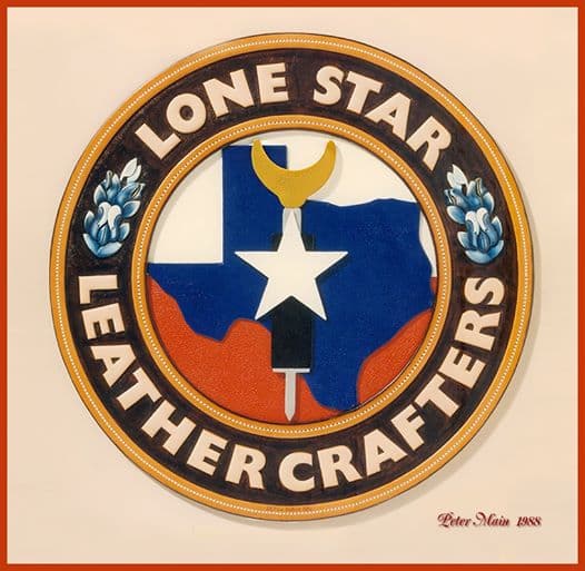 A round carved leather emblem reading Lone Star Leather Crafters, with the Texas flag and state outline at the centre and bluebonnets either side.