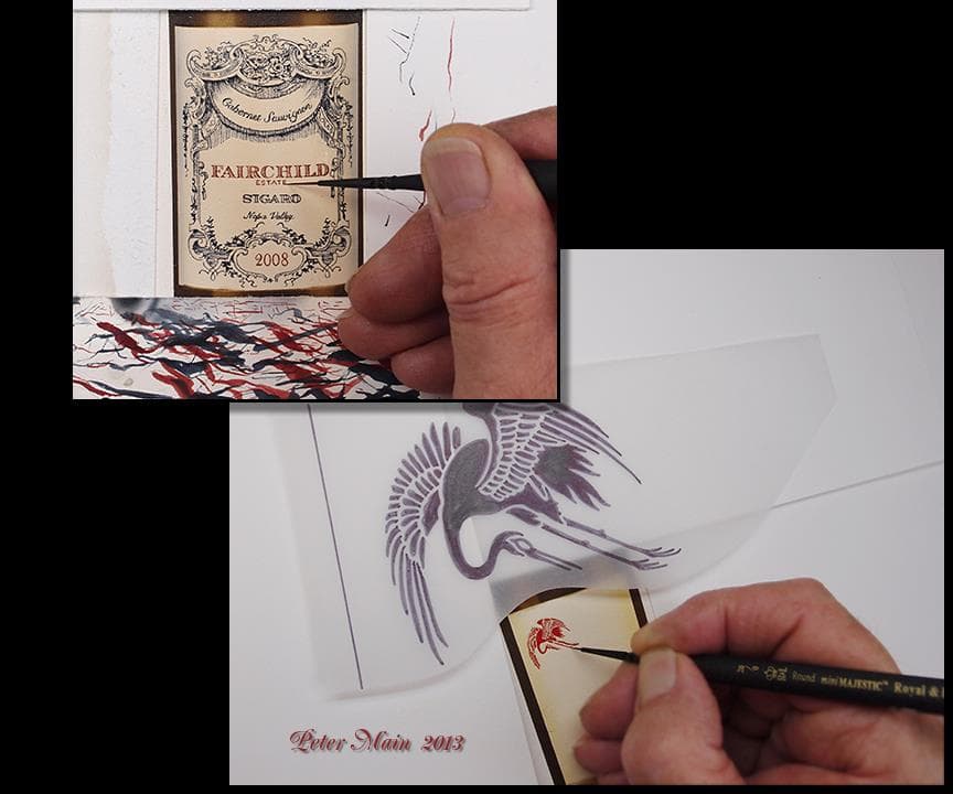 Two close photographs of Peter’s hands with a fine brush: painting a miniature wine label, and colouring a tiny crane no bigger than a fingernail.
