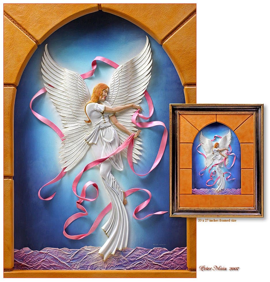 A leather artwork of a winged figure in white robes with pink ribbons, set within a carved stone archway.
